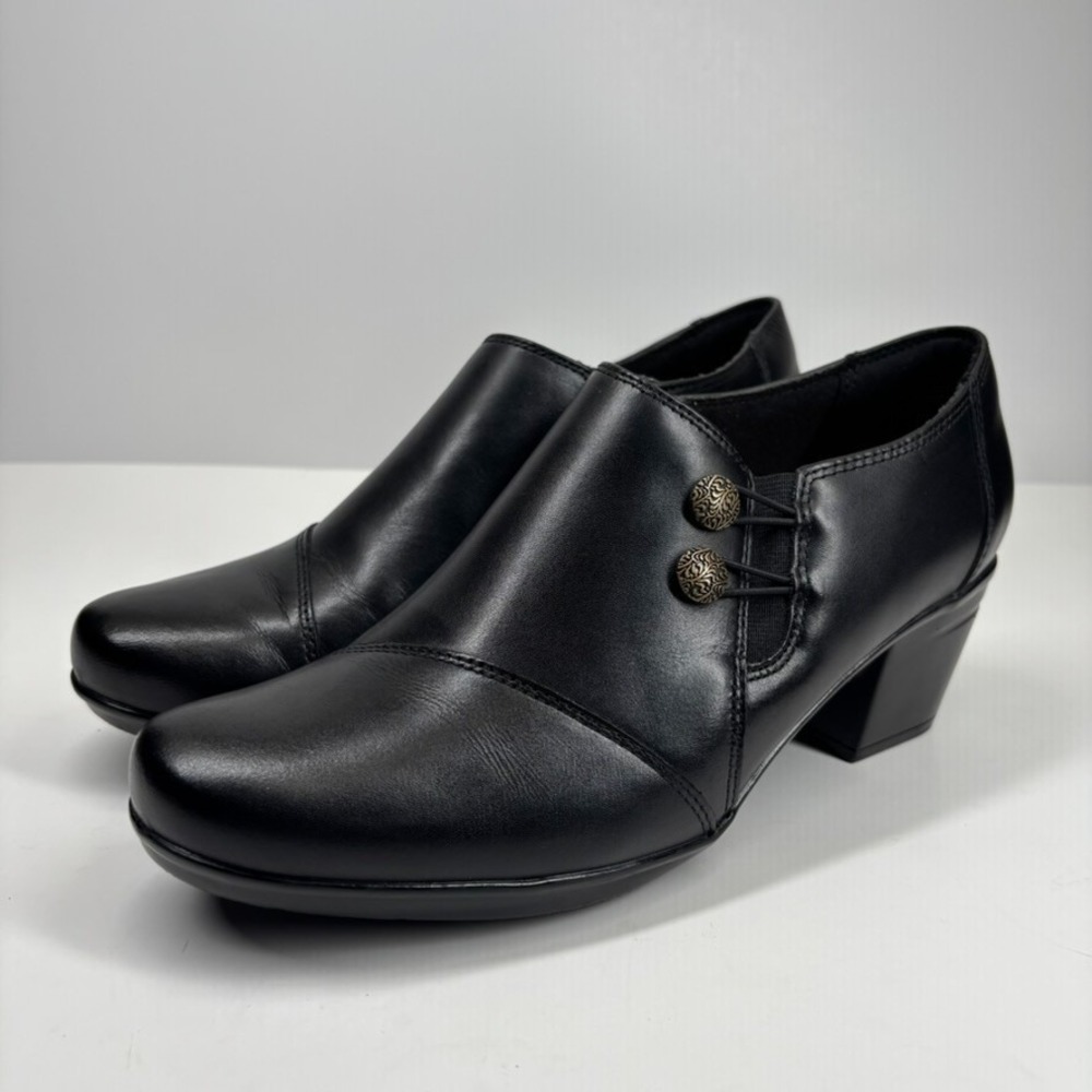 Clarks Emslie Warren Women's US 9.5M Black Leather Zip Ankle Boot Heeled Shootie